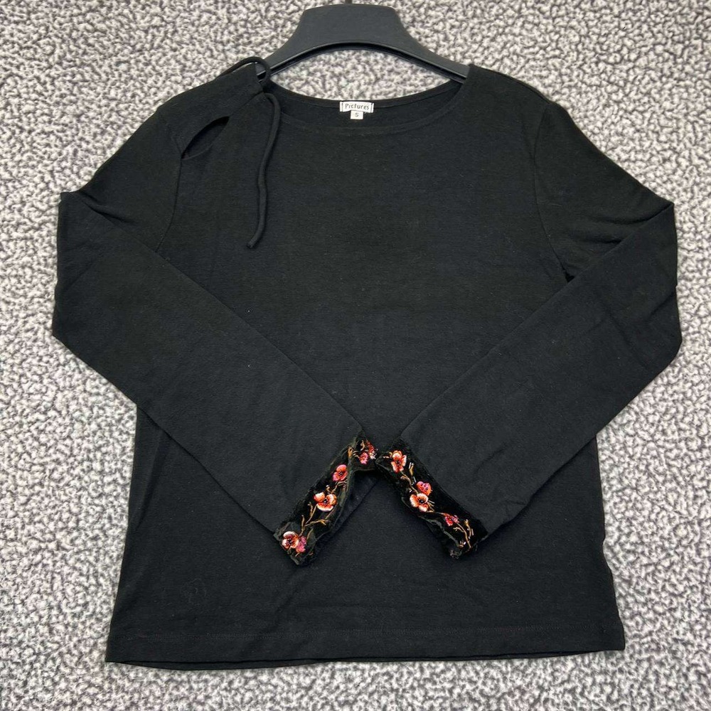 Pictures Shirt Women Small Black Floral Long Sleeve Crew Neck‎ S